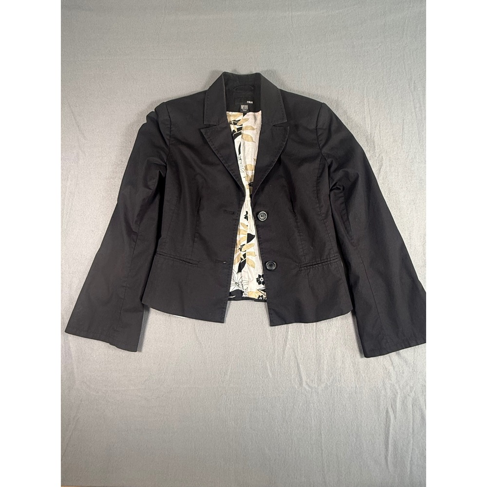 H&M Black Two Button Blazer Floral Lining Pick Stitch Notched Lapel Size 6